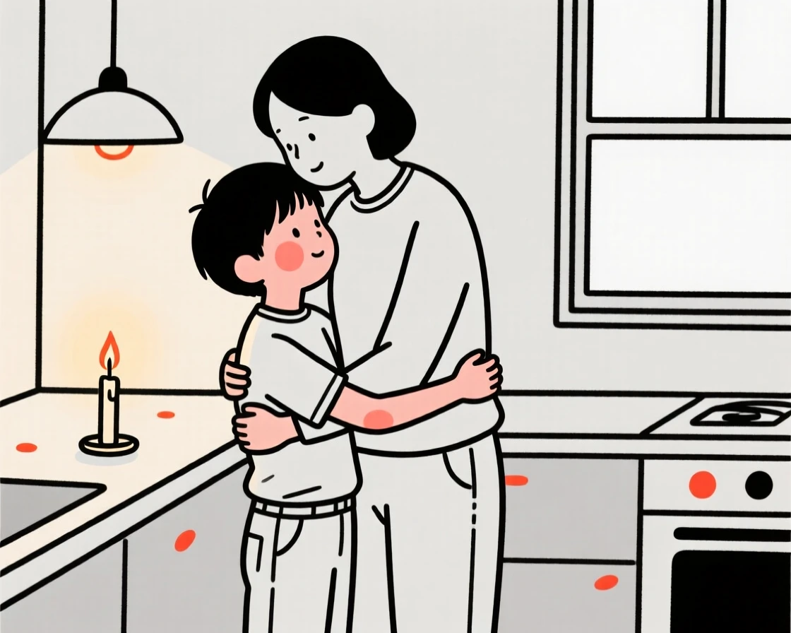 A nine-year-old boy of Japanese heritage in a sleek minimalist outfit, sharing a tender embrace, in a cozy candlelit kitchen.