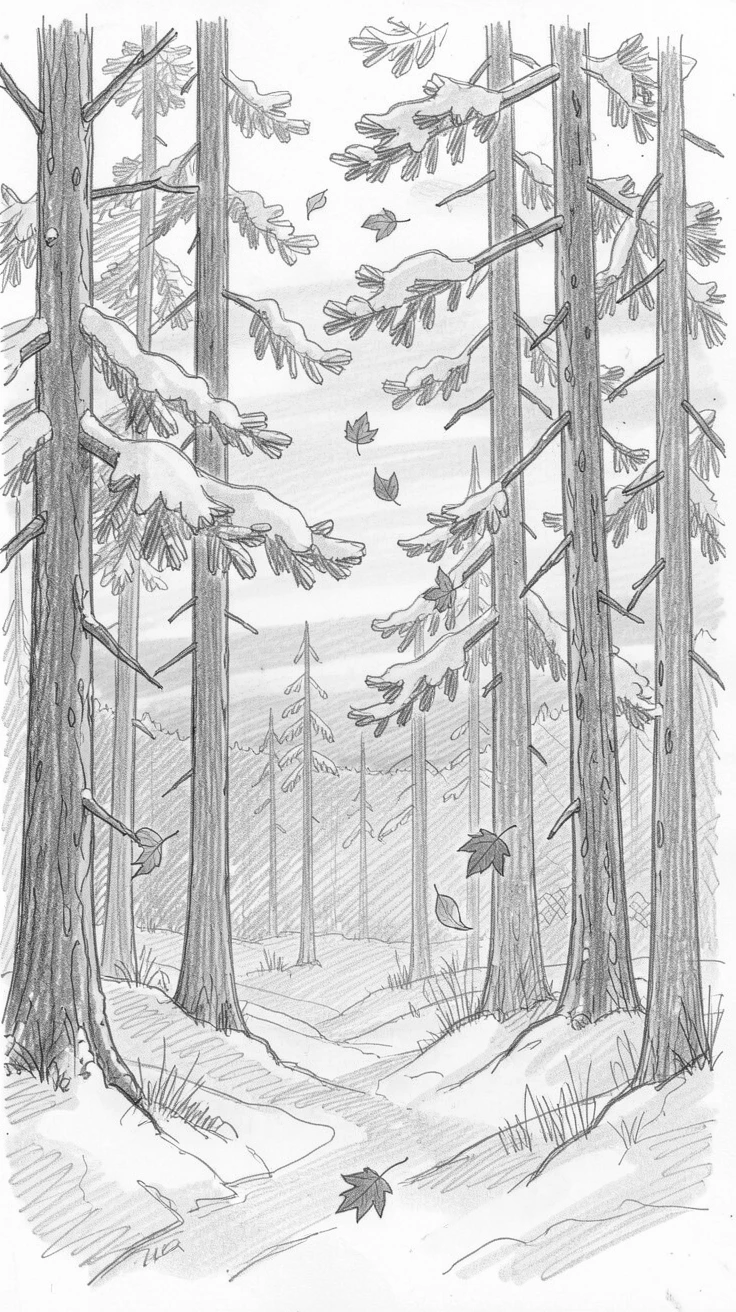 A pine forest after fresh snowfall, glowing under the last light of sunset, with autumn leaves drifting on the breeze.