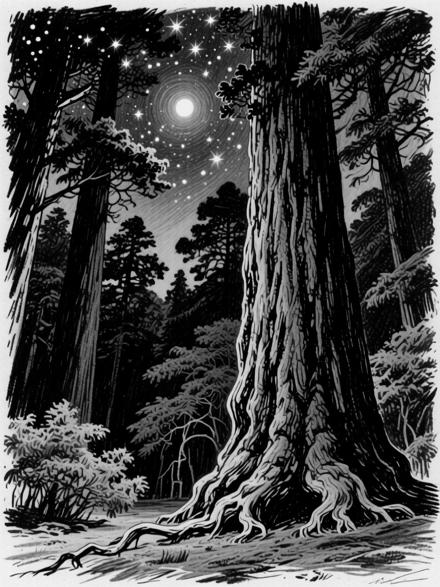 An ancient redwood grove beneath a canopy of stars.