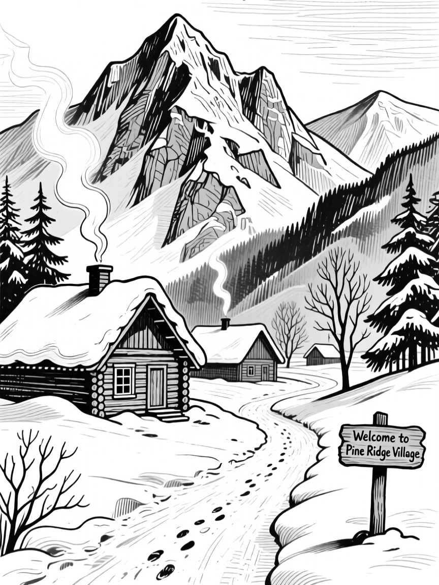 A quiet snowy village nestled at the base of towering mountains.