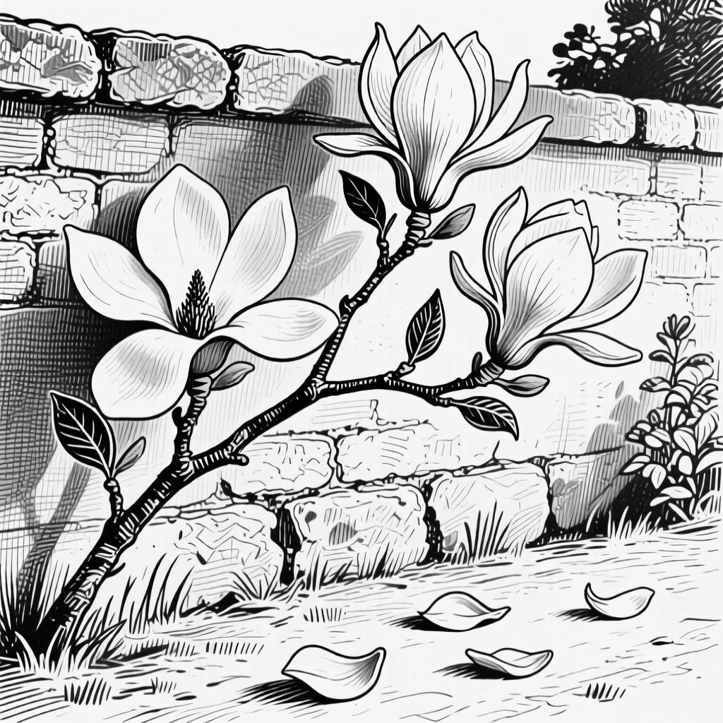 A magnolia branch in bloom growing wild along a garden wall, with a few loose petals scattered below, composed in a softly nostalgic still-life arrangement.