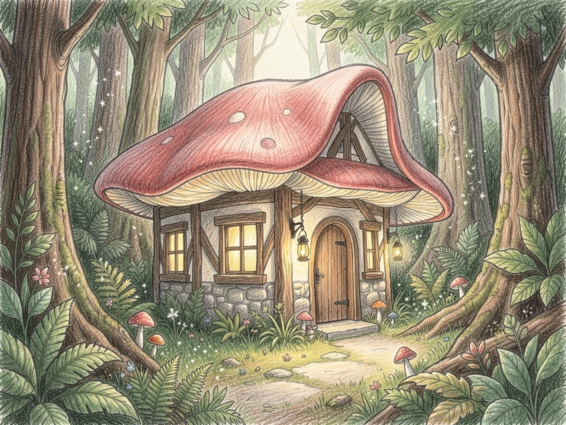 A fairy tale cottage with a mushroom roof deep in an enchanted forest, with soft glowing light illuminating every magical detail, capturing a sense of adventure and quiet magic.