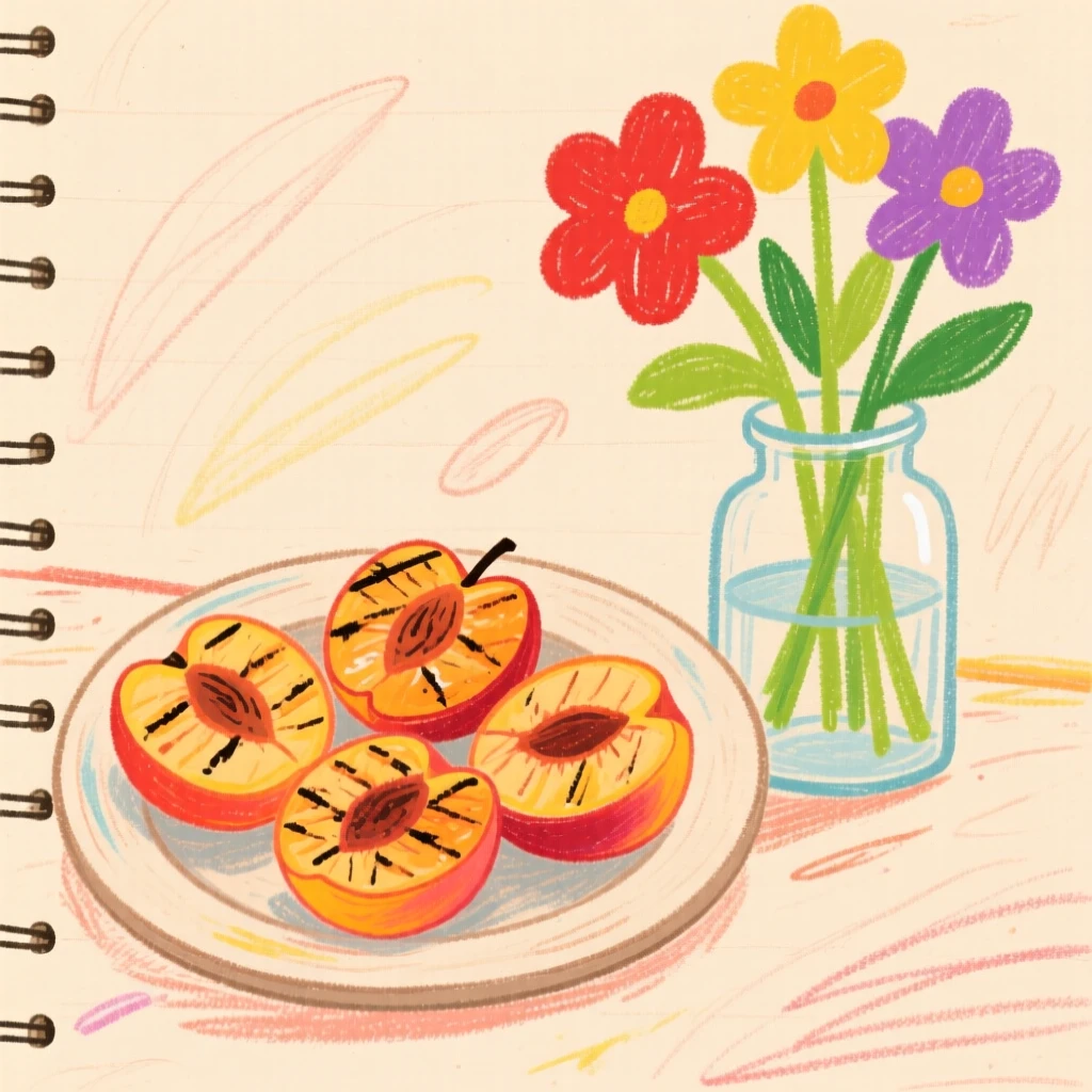 A plate of grilled peaches set beside a vase of fresh flowers.