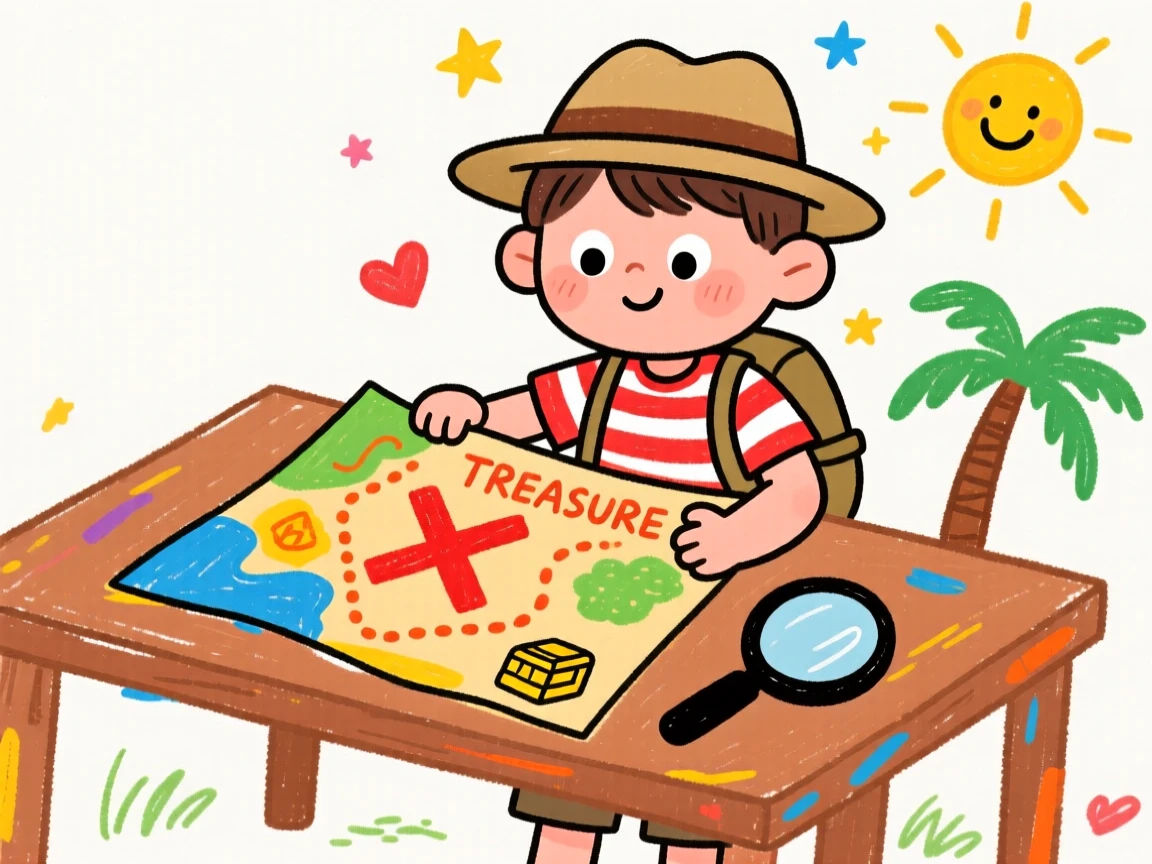 A young explorer studying a treasure map spread across a table.