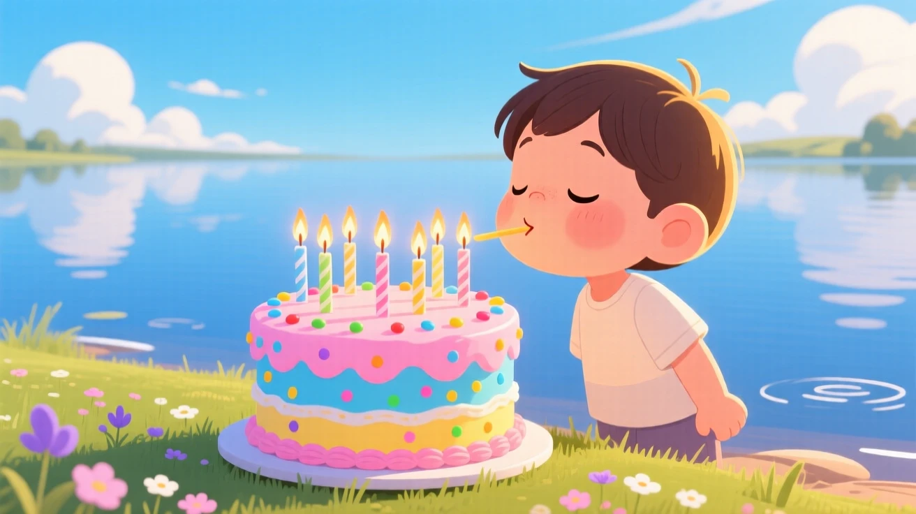 A child blowing out candles on a colorful birthday cake, beside a calm lake reflecting the sky, arranged with balanced framing that feels warm and inviting, with a sense of warmth and togetherness in every detail.