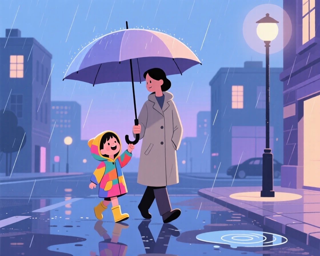 A small child sharing an umbrella in the rain on a quiet summer evening in the city.