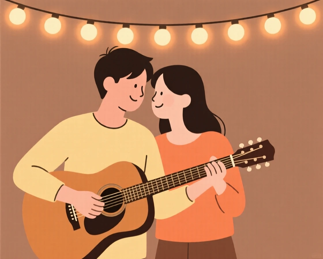 A portrait of a couple playing an instrument near warm string lights, filled with warm connection.