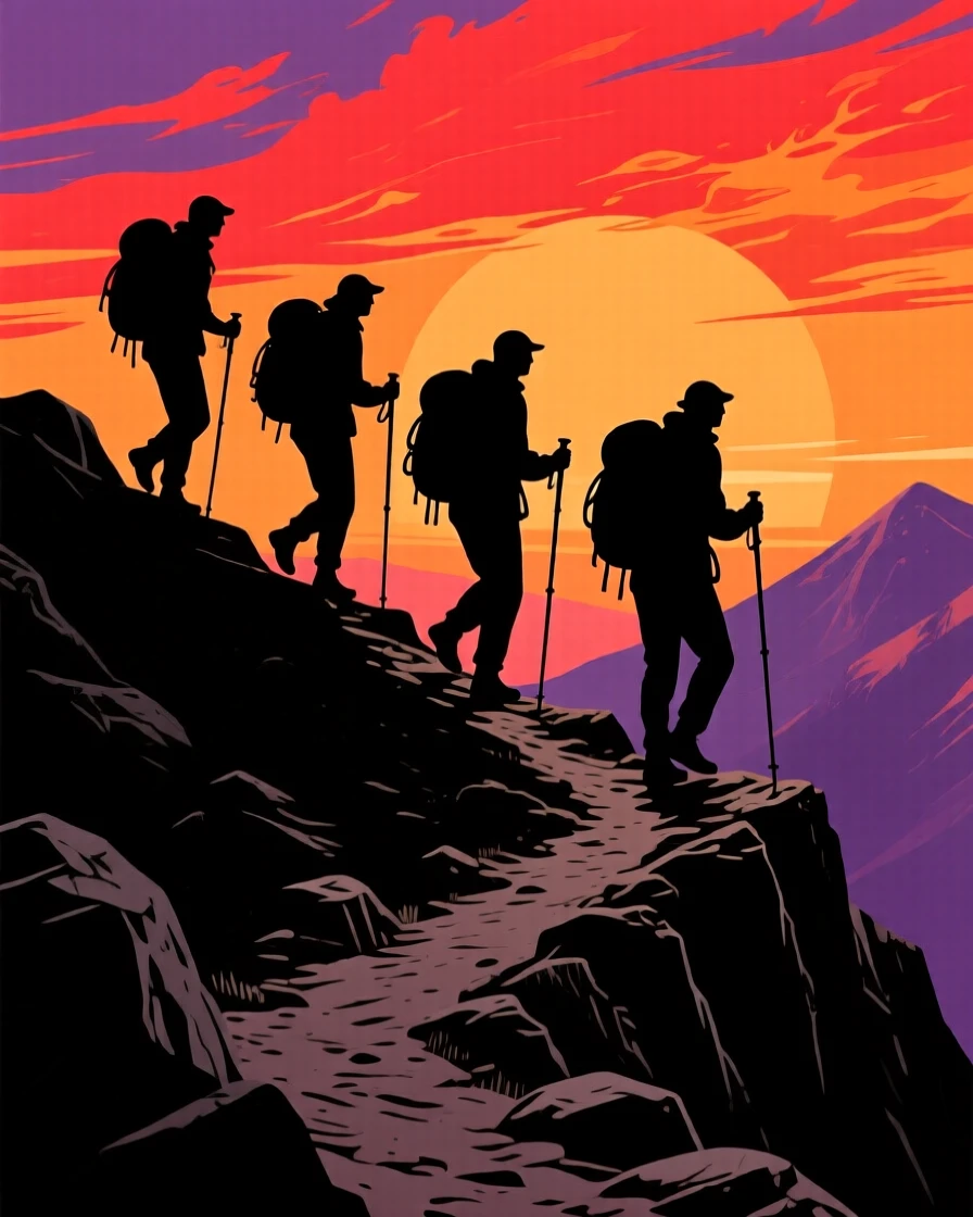 A group of trekkers walking single file along a narrow mountain trail.