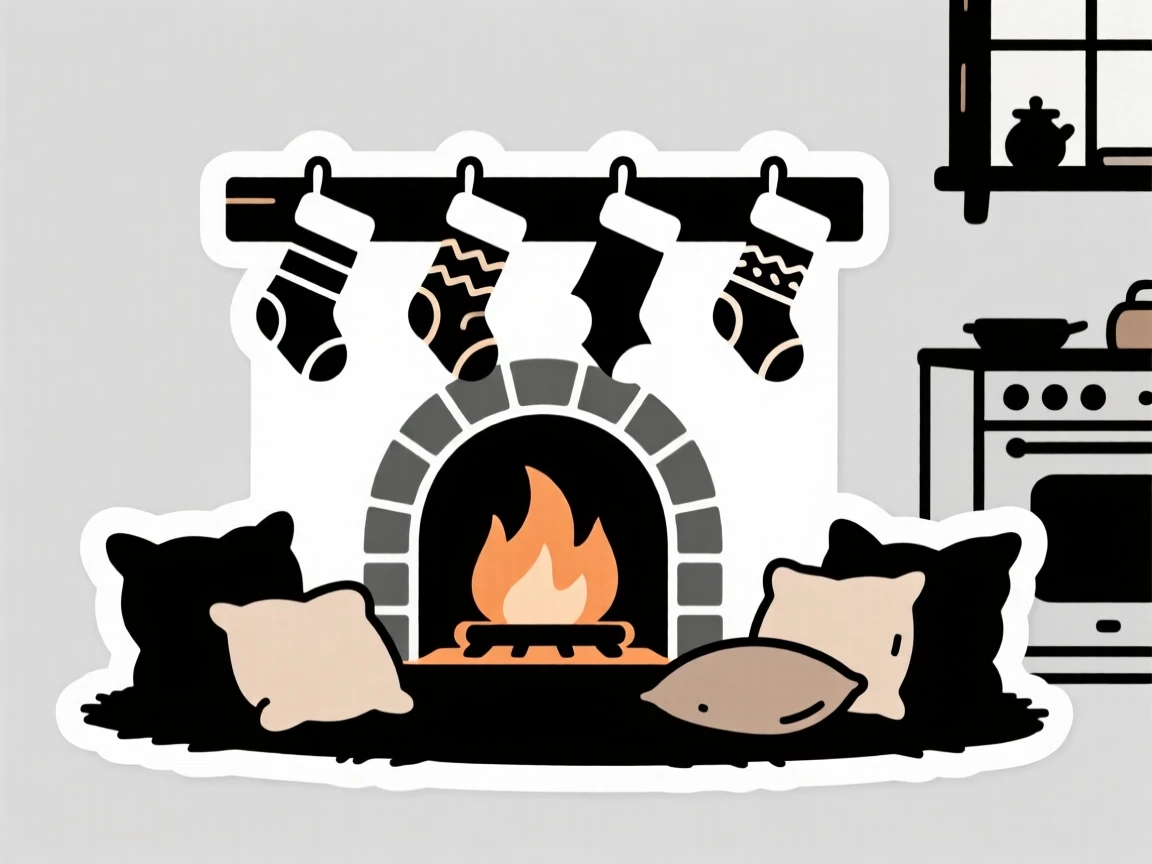 A delightfully simple cozy fireplace with stockings hung above, nestled among soft throw pillows, in a cozy cottage kitchen.