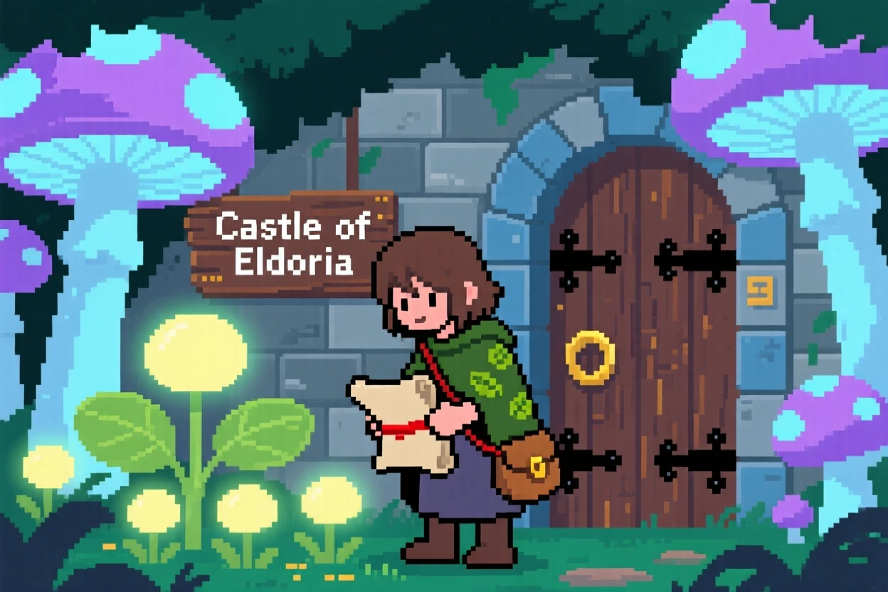 A young druid tending glowing plants delivering a scroll to a castle gate, beneath a canopy of glowing mushrooms.