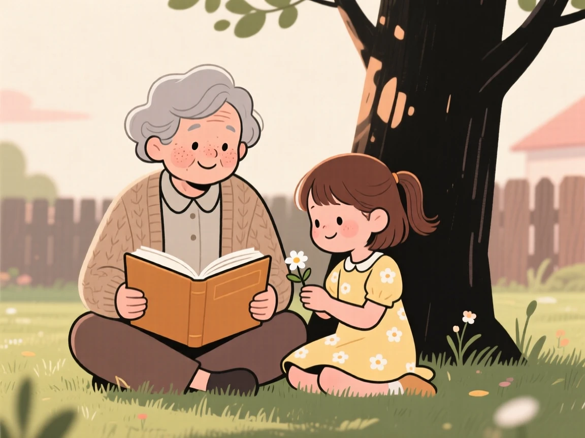 A grandparent shows a curious granddaughter how to press flowers between book pages in the quiet backyard, both taking their time as the afternoon sun warms their shoulders.