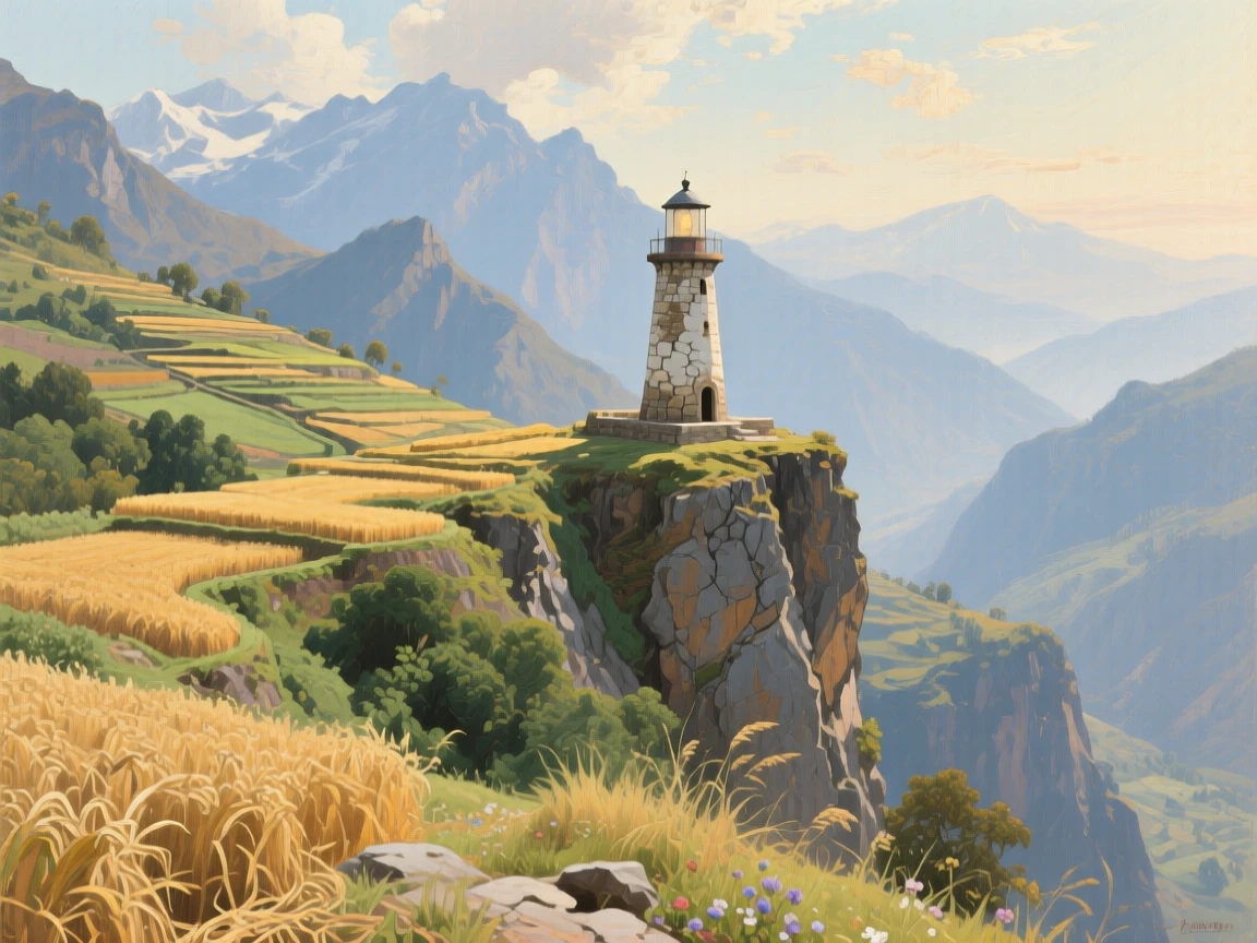 A sweeping wide shot of a stone lighthouse standing at the edge of a dramatic headland, in the Himalayas, during the summer harvest.
