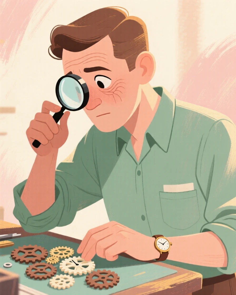 A watchmaker examining tiny gears through a jeweler's loupe