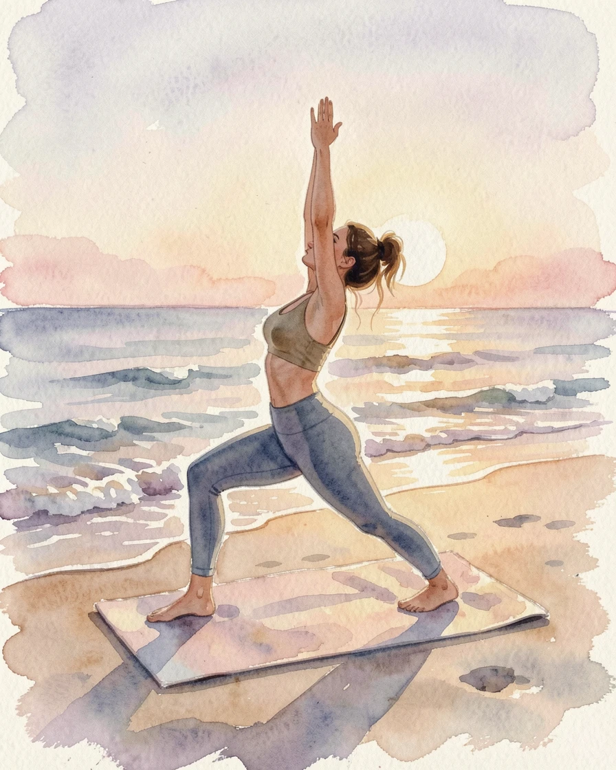 A woman practicing yoga on a quiet beach at sunrise in a peaceful, unhurried moment.