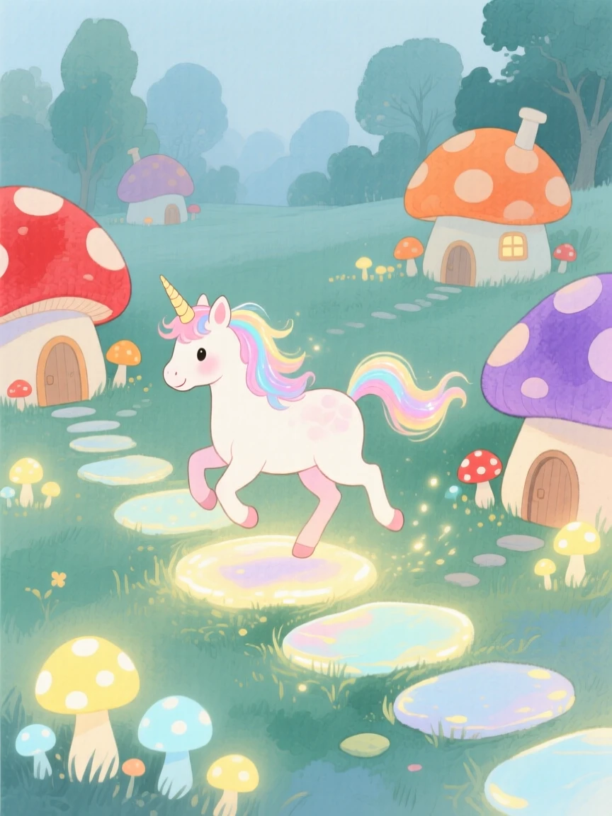 A tiny baby unicorn skips across stepping stones of light in a village of tiny mushroom houses, with glowing mushrooms lighting the path