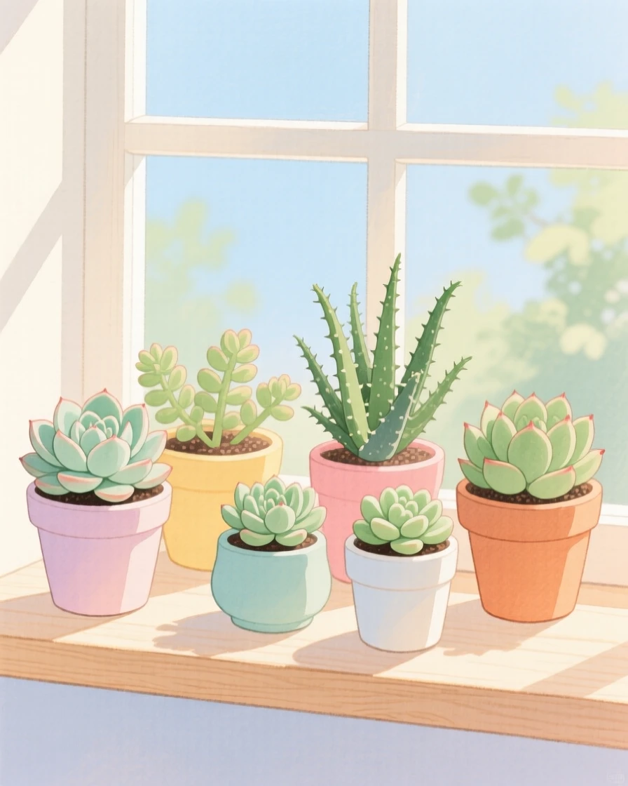 A gentle still-life scene featuring a windowsill of potted succulents.