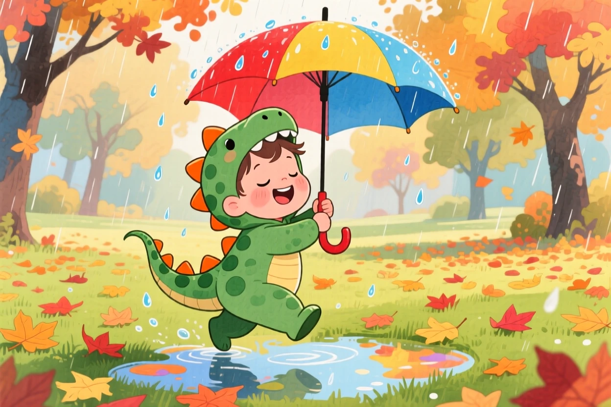 A toddler in a dinosaur costume dancing in the rain with an umbrella, in a park filled with autumn leaves, brimming with carefree happiness.
