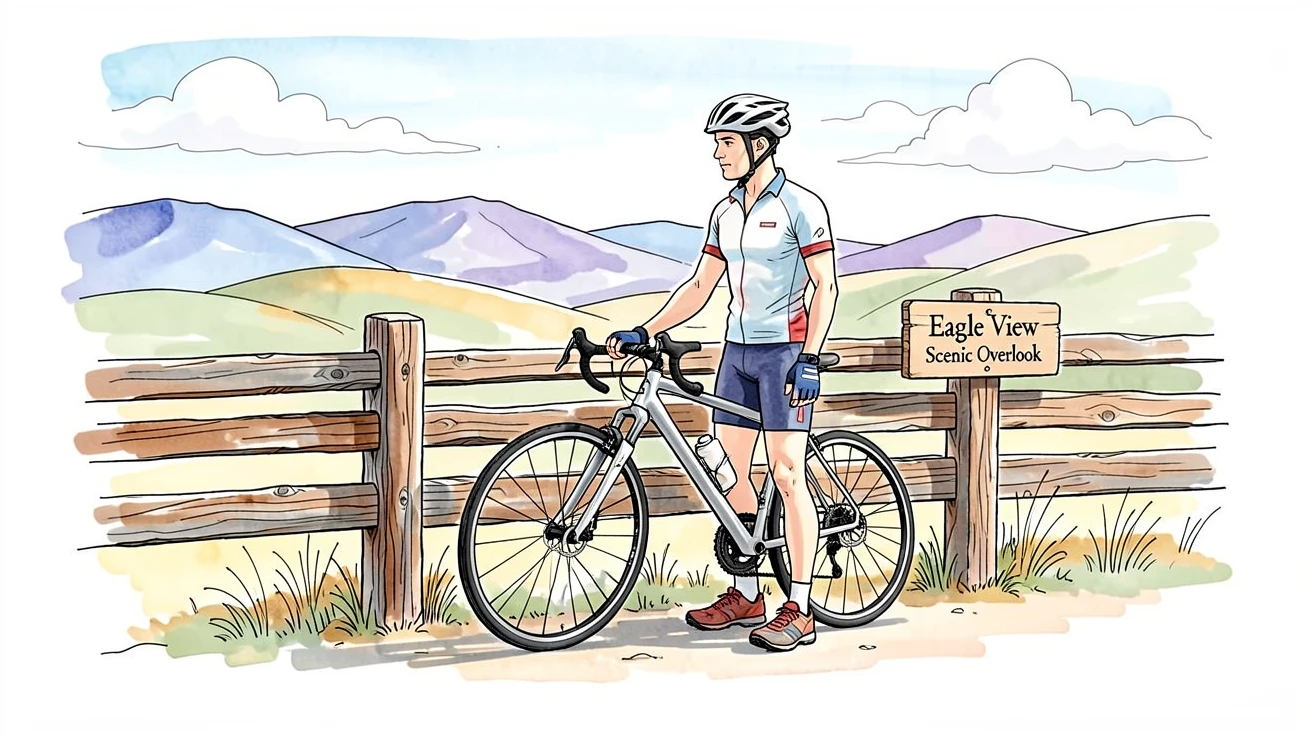 A cyclist pausing at a scenic overlook, bike leaned against a rustic wooden fence