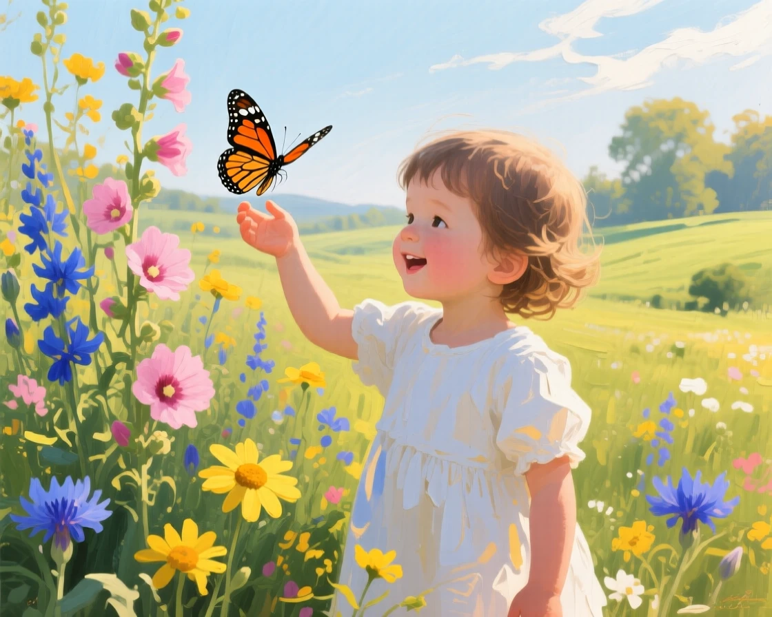 a child releasing a butterfly among tall flowers, on a peaceful spring afternoon, with a clear foreground, subject, and distant setting.