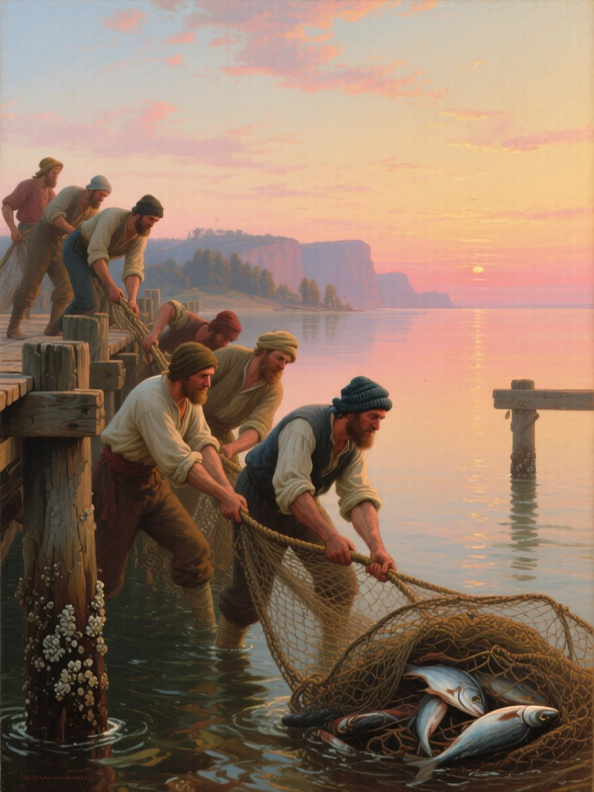 A crew of sailors hauls nets beside a pier stretching into calm waters as the last light fades over the water.