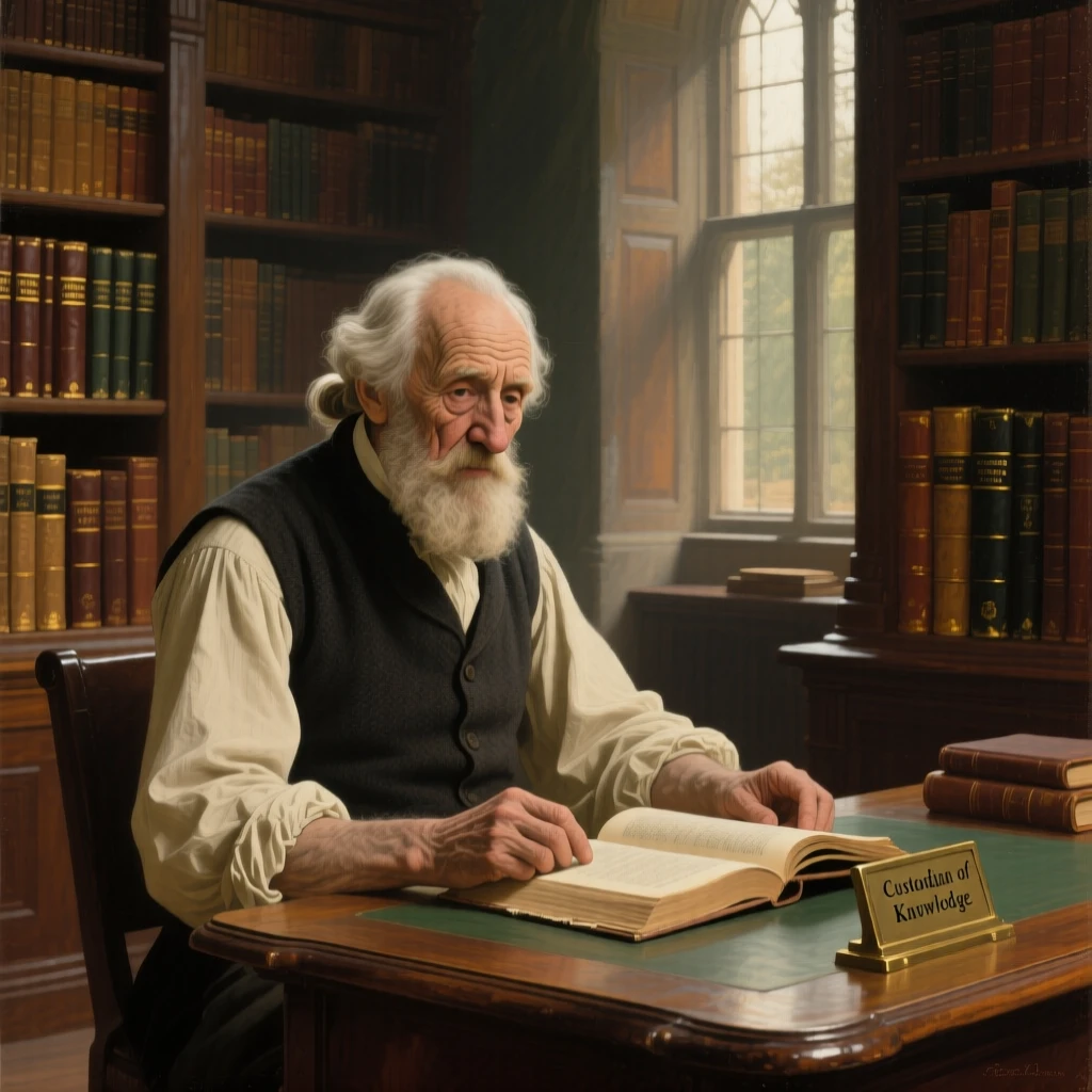 A wise old librarian surrounded by towering shelves of ancient books, with soft shadows adding depth and intimacy to the moment, telling a complete story through a single powerful expression