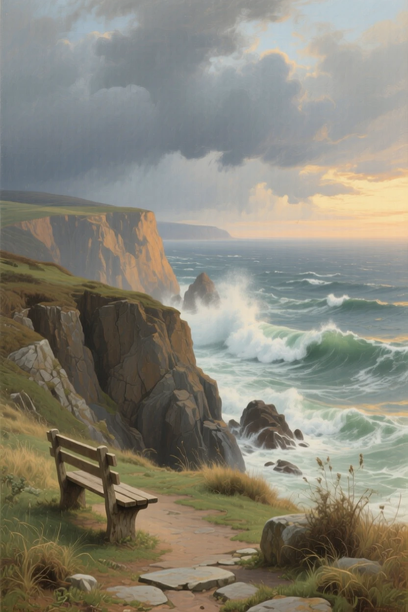 A coastal cliff overlooking crashing waves beneath a stormy sky glowing under the last light of a fading afternoon, set far from any signs of human presence, with a weathered bench or stone path inviting quiet contemplation; a low horizon line gives dramatic weight to an expansive sky, radiating the serene majesty of untouched nature.