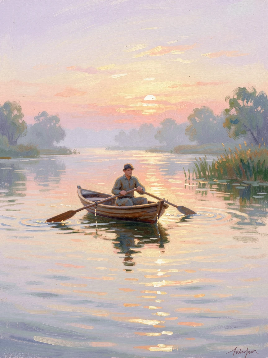 A young man rowing a small boat across a still lake at sunrise, oars dripping with golden light.