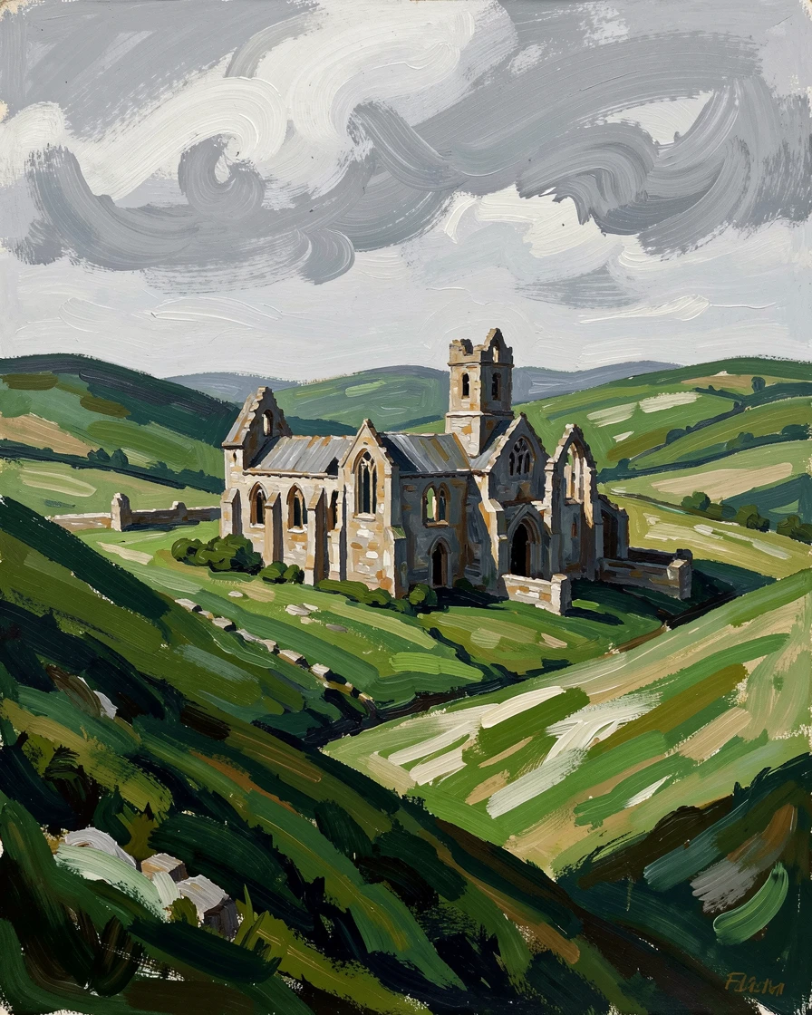 A quiet abbey ruin standing amid rolling green hills under a soft grey sky.