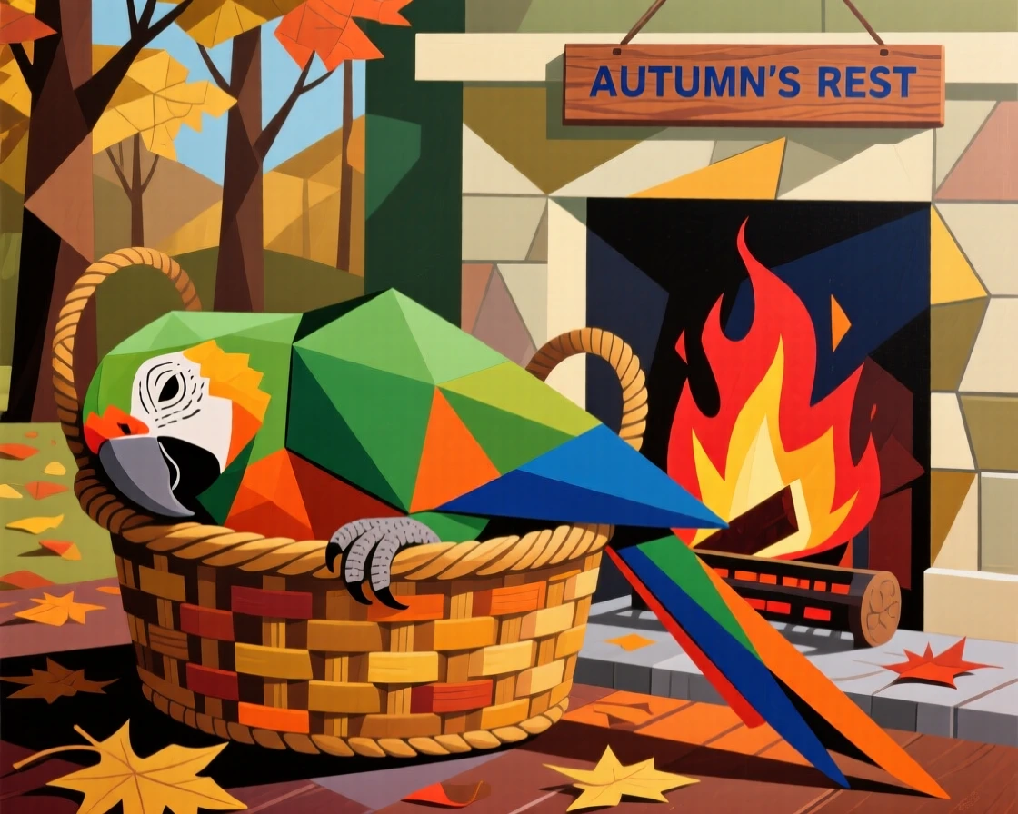 A charming portrait of a parrot with vibrant feathers napping in a wicker basket by the fireplace, on a crisp autumn day.