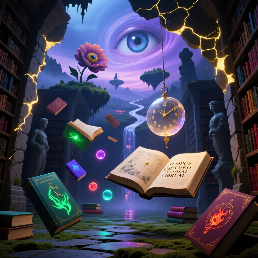 A vast library where books float gently between towering shelves holds its secrets quietly behind crumbling stone walls, as faint golden light spills from cracks in its walls.