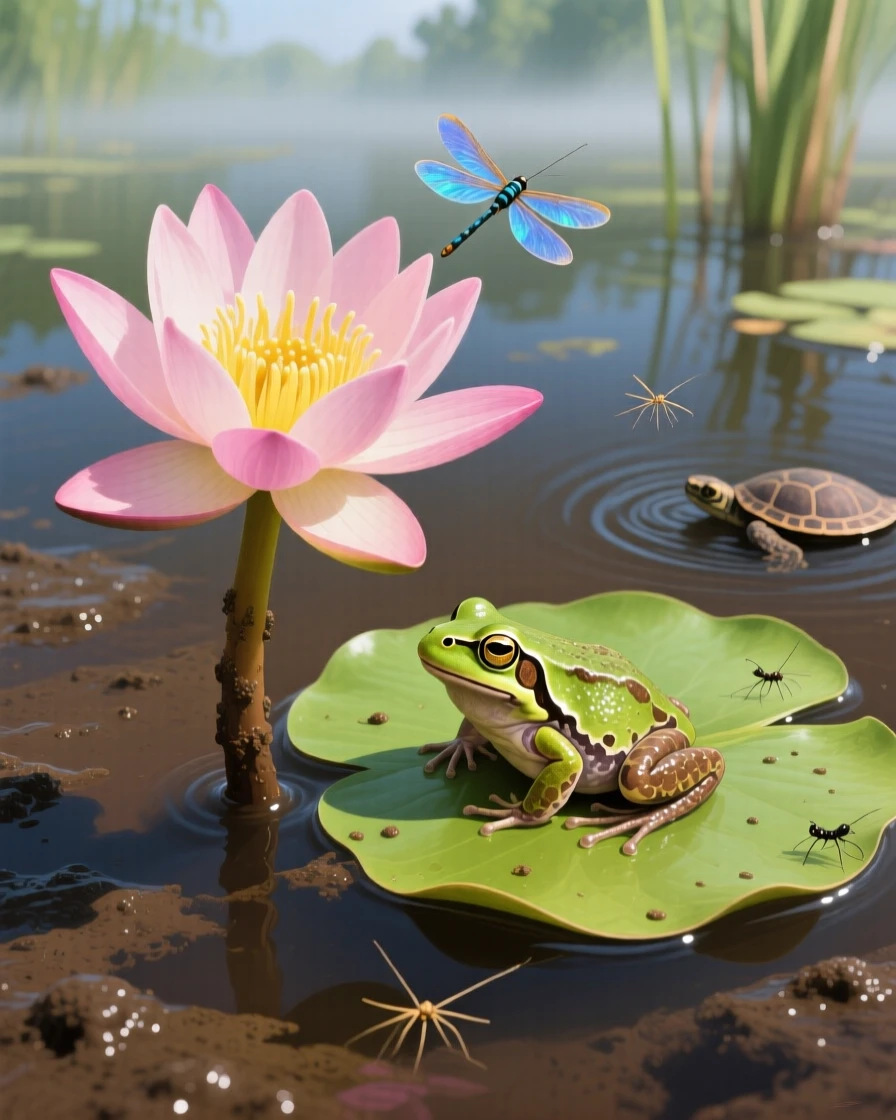A close-up of a single lotus flower rising from muddy water shows pristine pink petals untouched by the murky pond below, a frog resting on a nearby leaf pad, with scattered wildlife visible moving quietly through the middle distance of the composition.