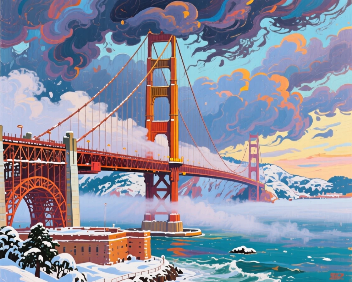 The Golden Gate Bridge emerging from rolling fog, as storm clouds gather overhead, snow dusting every surface