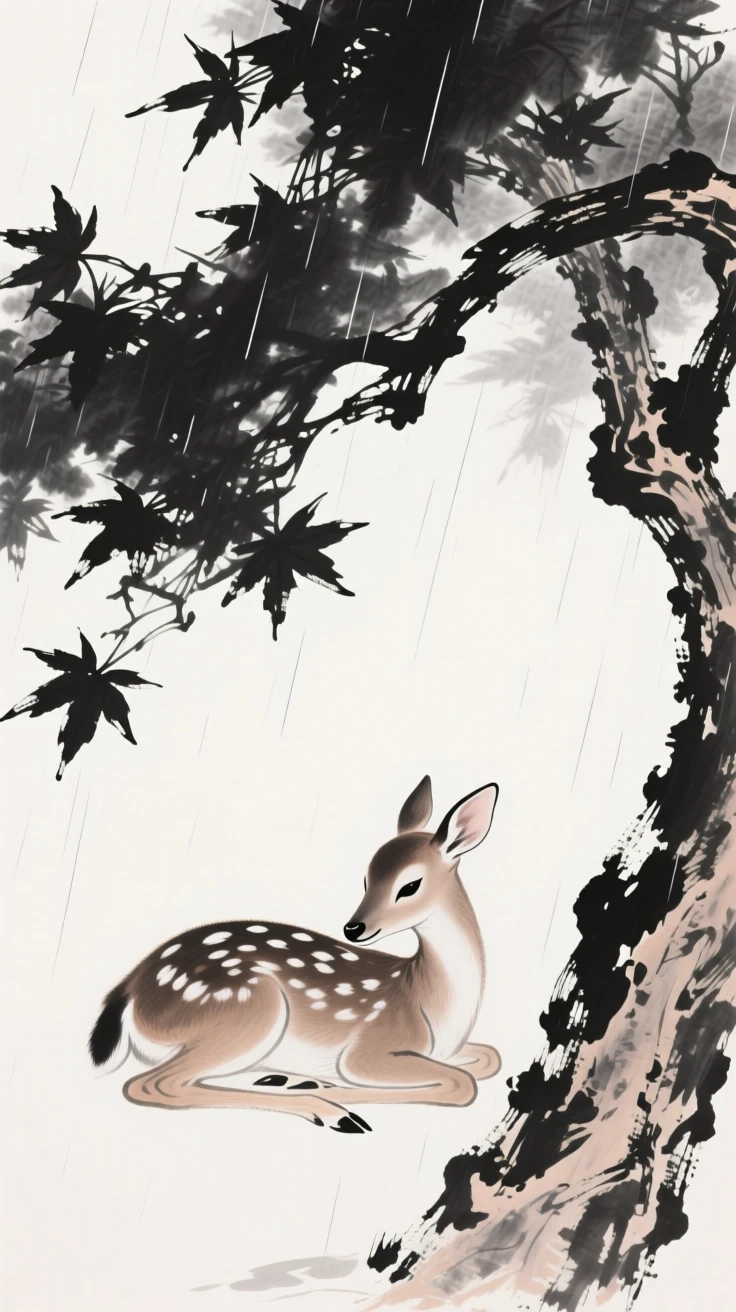 A young fawn rests beside its mother beneath a maple tree, as a light rain begins to fall.