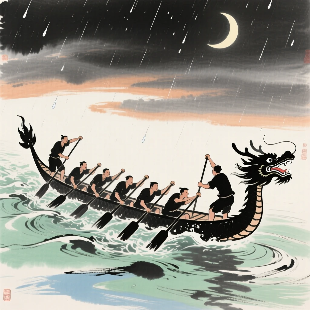 A dragon boat race with rowers straining against a swift river current, as summer rain begins to fall, beneath a crescent moon.