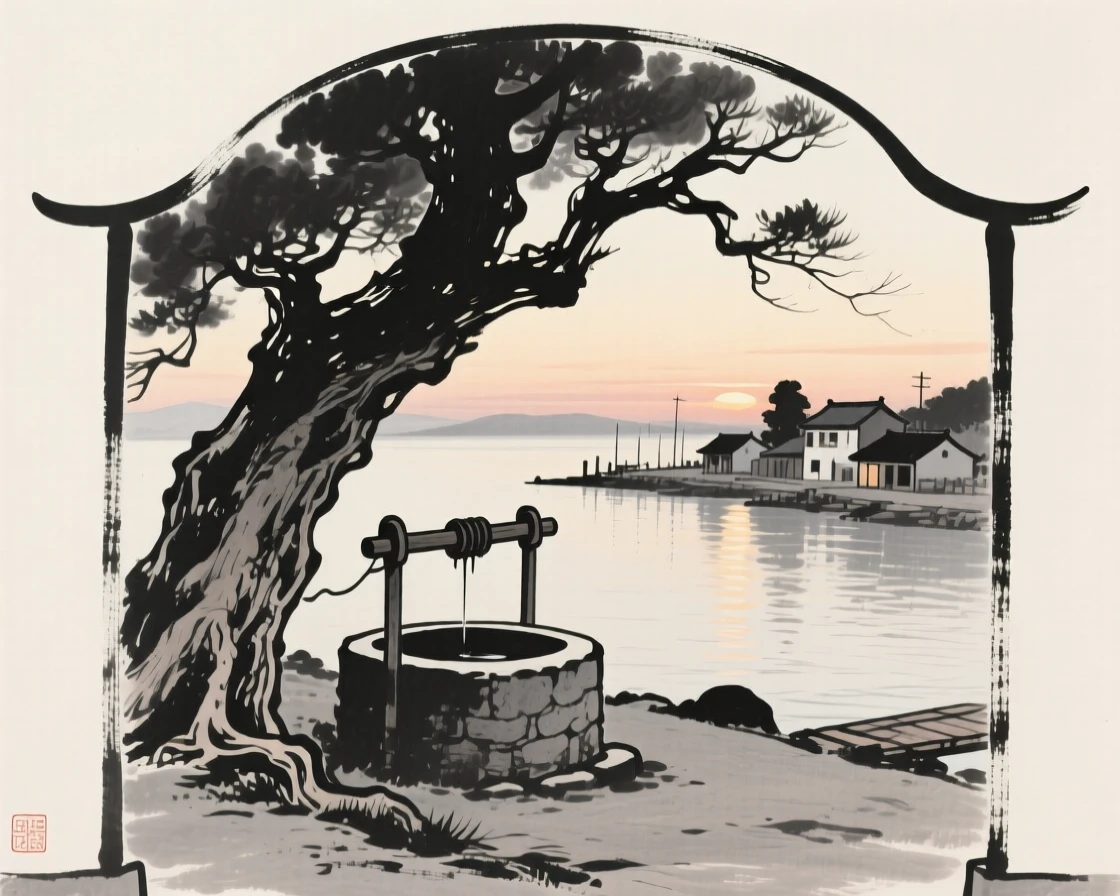 A quiet village well beneath an old tree overlooking a calm harbor at dusk, framed through an archway or gate for depth, carrying a sense of sacred stillness.