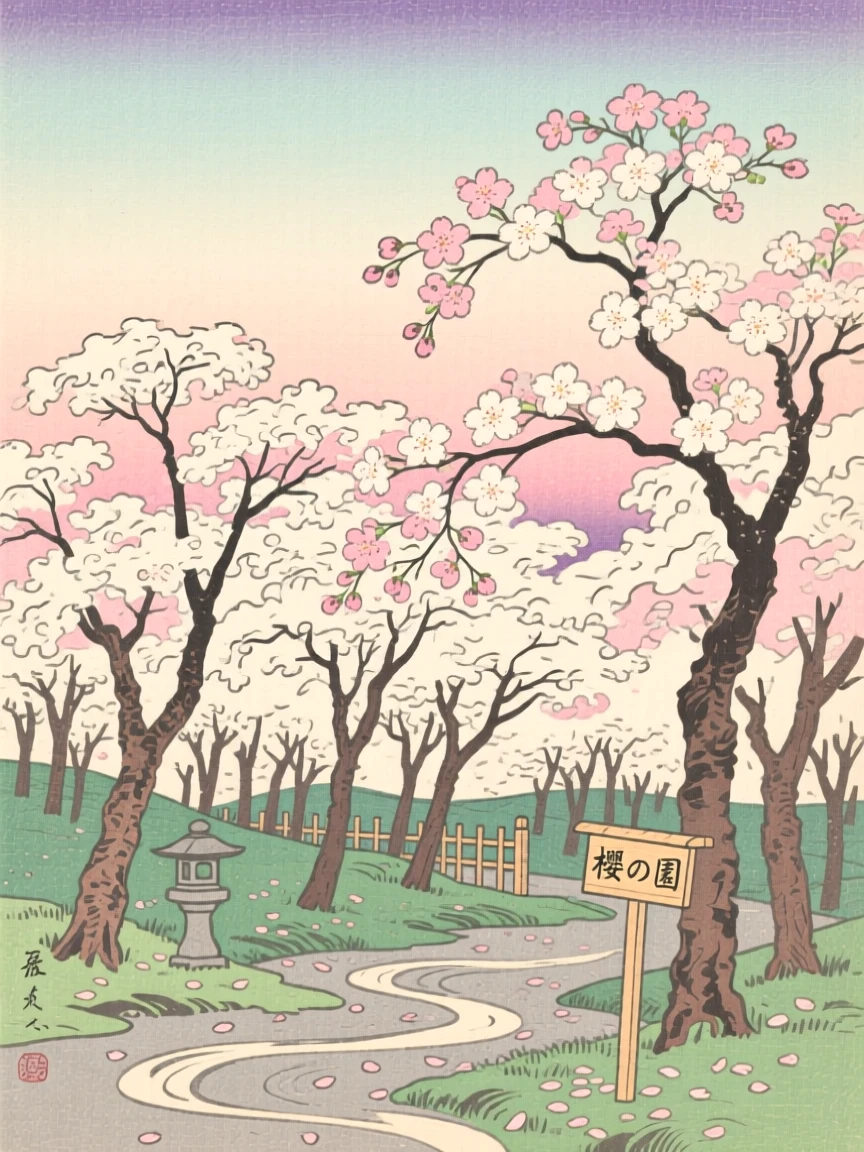 A grove of cherry blossom trees in full bloom under a soft pastel sky.