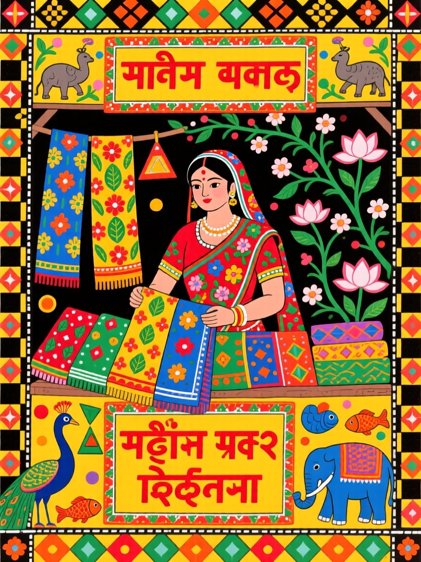 A weaver displaying bolts of colorful fabric at a market stall.