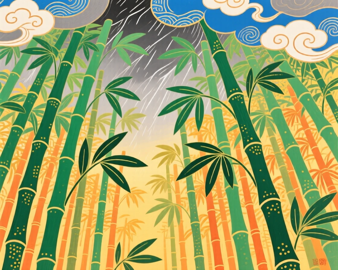 A sweeping view of a bamboo forest with light filtering through just before a storm rolls in.