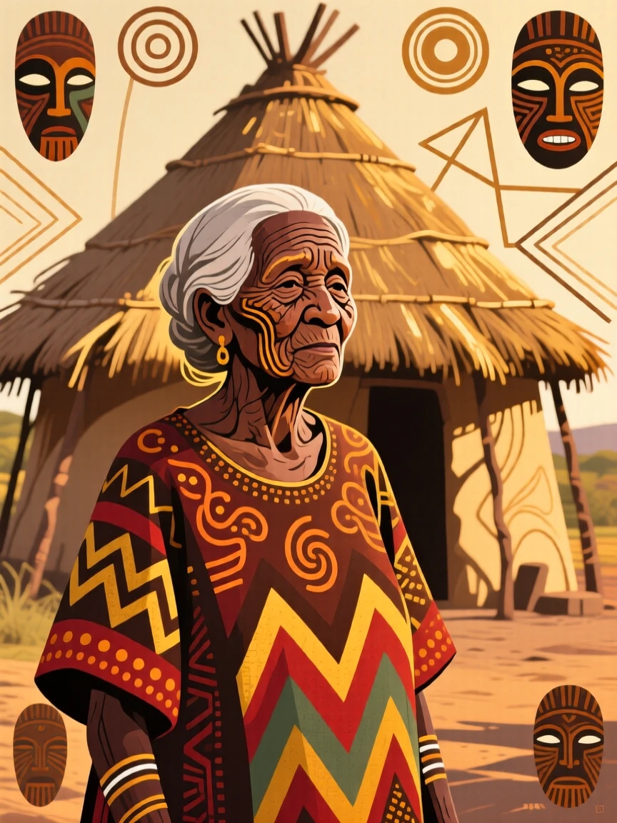 A wrinkled grandmother standing before a thatched hut at golden hour.
