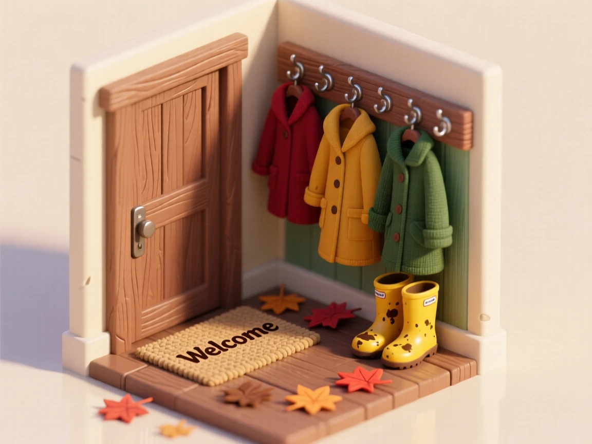A cozy scene of drying rain boots by a mudroom door, coats hung on hooks, and a welcome mat scattered with autumn leaves.