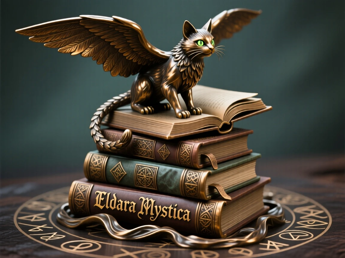A wizard's familiar perched atop a tower of books, with intricate, fantastical detail throughout, transporting the viewer to another world