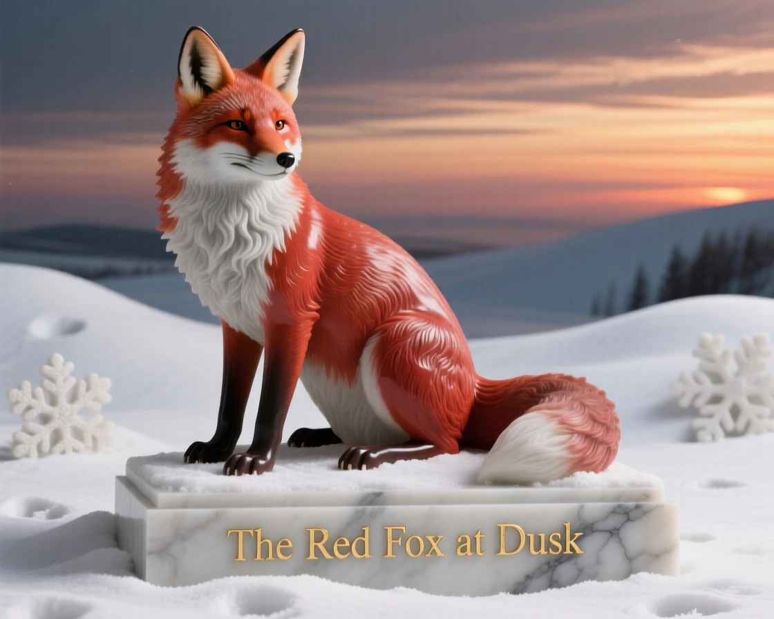 A red fox in freshly fallen snow captured in a powerful, dignified pose against a dramatic sunset sky