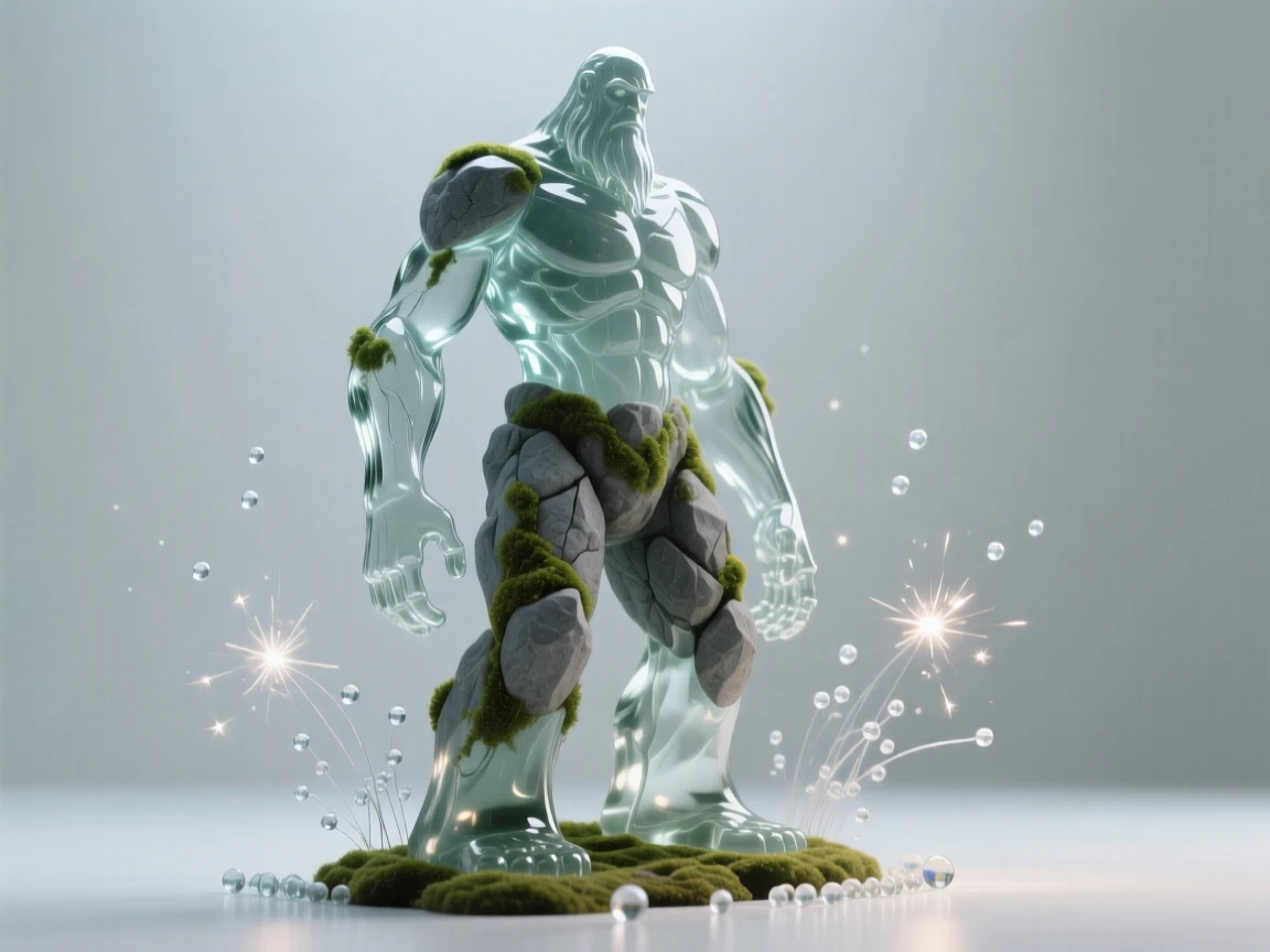 A wandering giant made of stone and moss, bathed in soft magical light with drifting sparkles in the air, epic and awe-inspiring composition, evoking wonder and adventure.