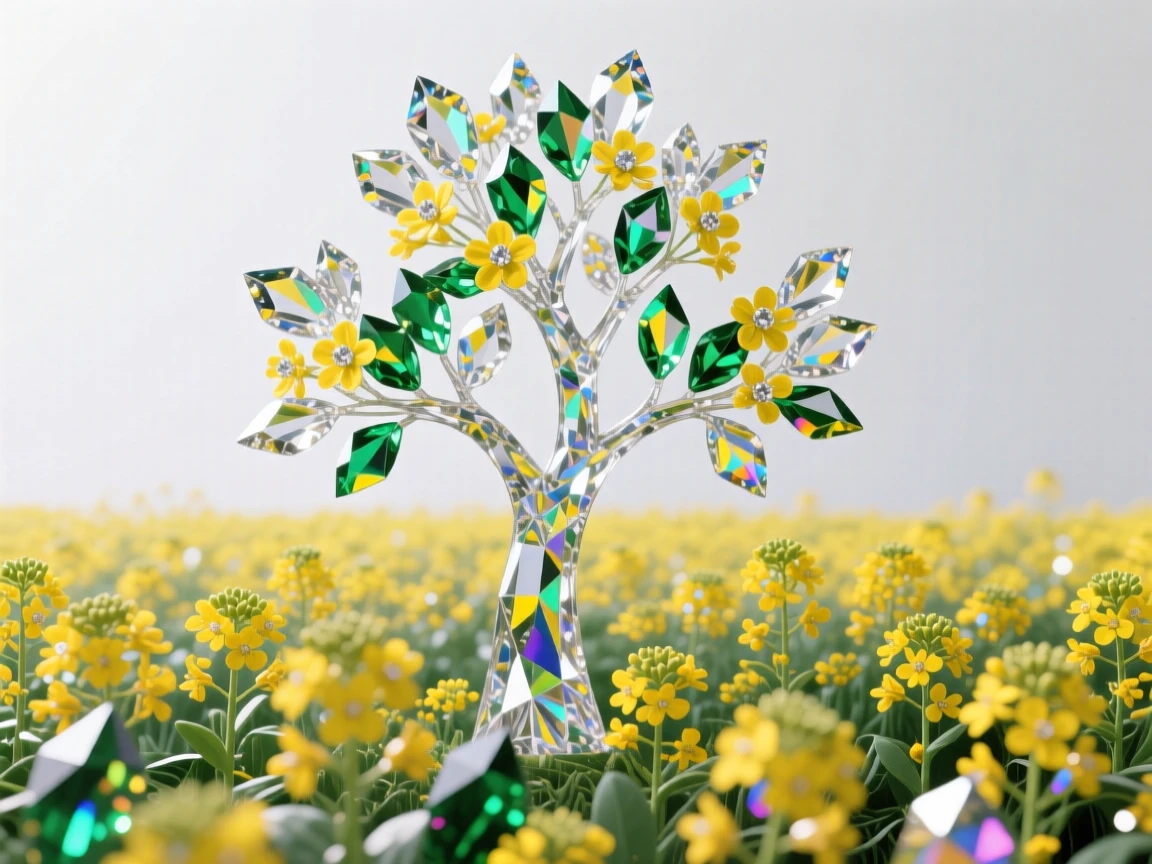 A field of blooming rapeseed flowers with a lone tree standing at its center.