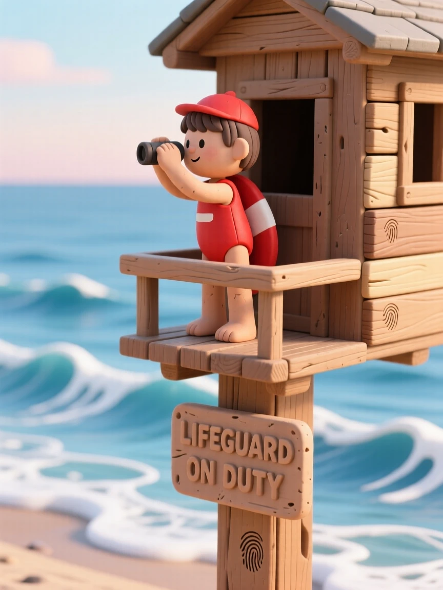 A lifeguard scanning calm ocean waves from a wooden tower