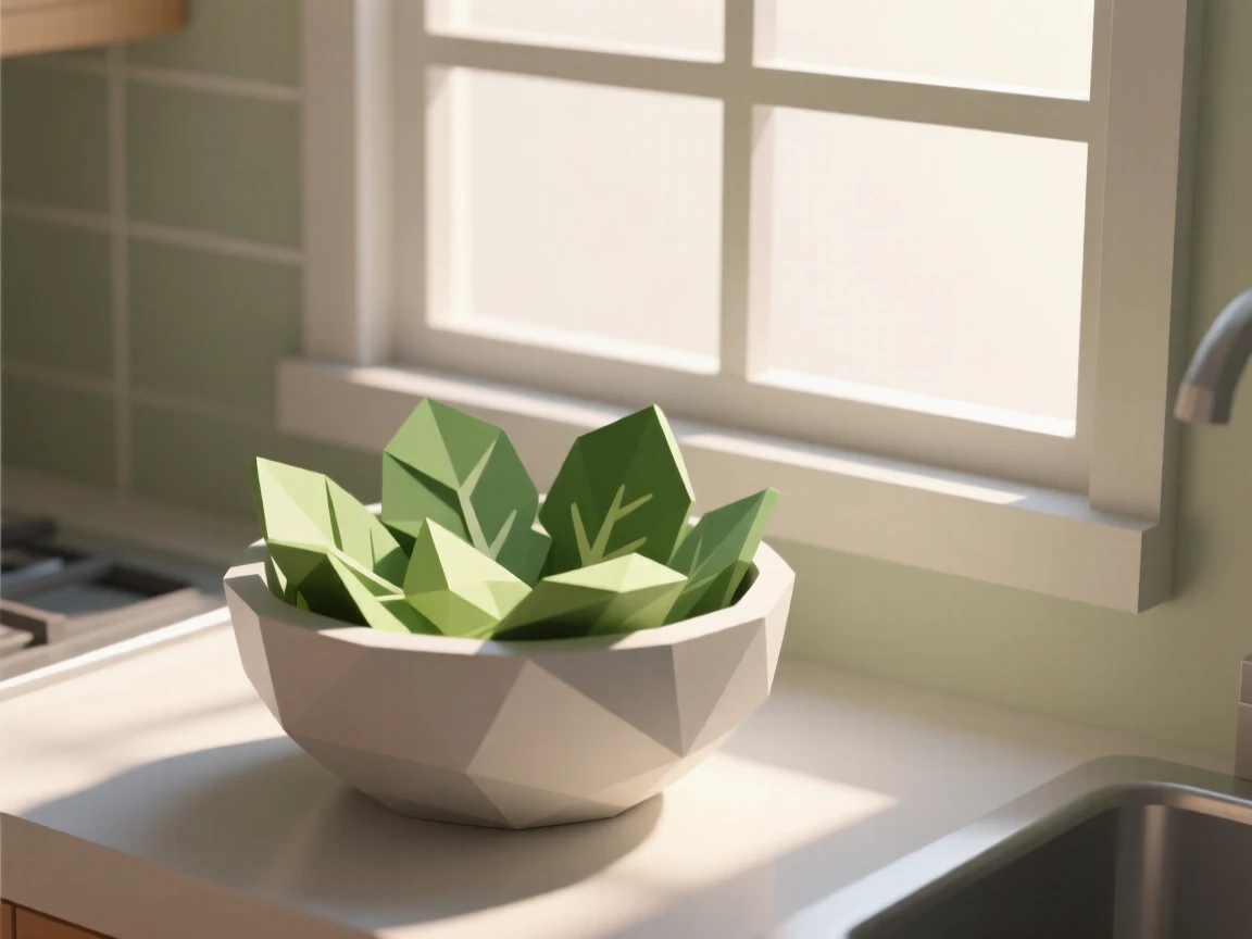 A bowl of vibrant fresh salad greens, beside a sunlit kitchen window. vibrant colors are enhanced by careful arrangement. The scene feels warm and comforting.