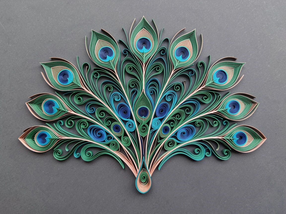 a symmetrical peacock feather fan display, centered on a soft charcoal grey surface, structured with clean geometric precision, accented with delicate touches of rose gold.