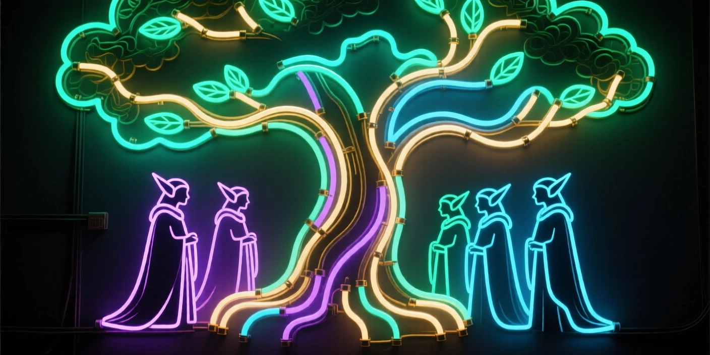 A council of forest elves gathered beneath a giant glowing tree.