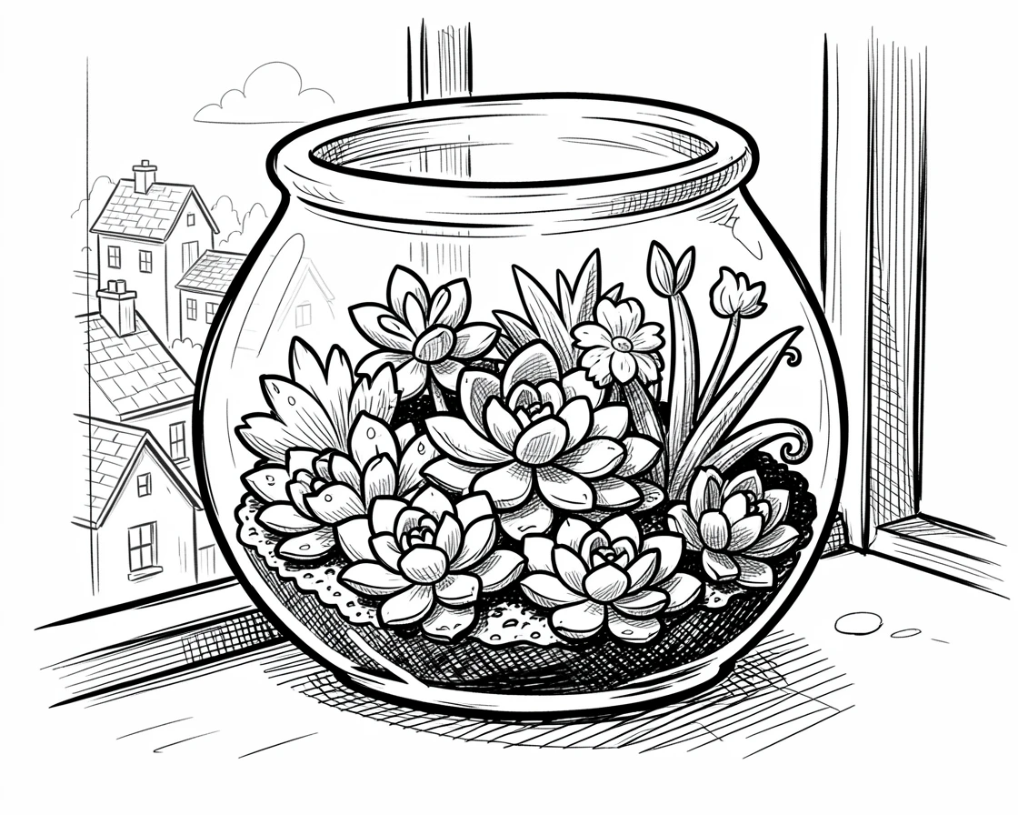 A terrarium with tiny succulents on a windowsill overlooking a village.