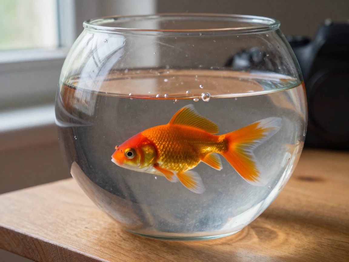 A goldfish swimming in a crystal clear bowl